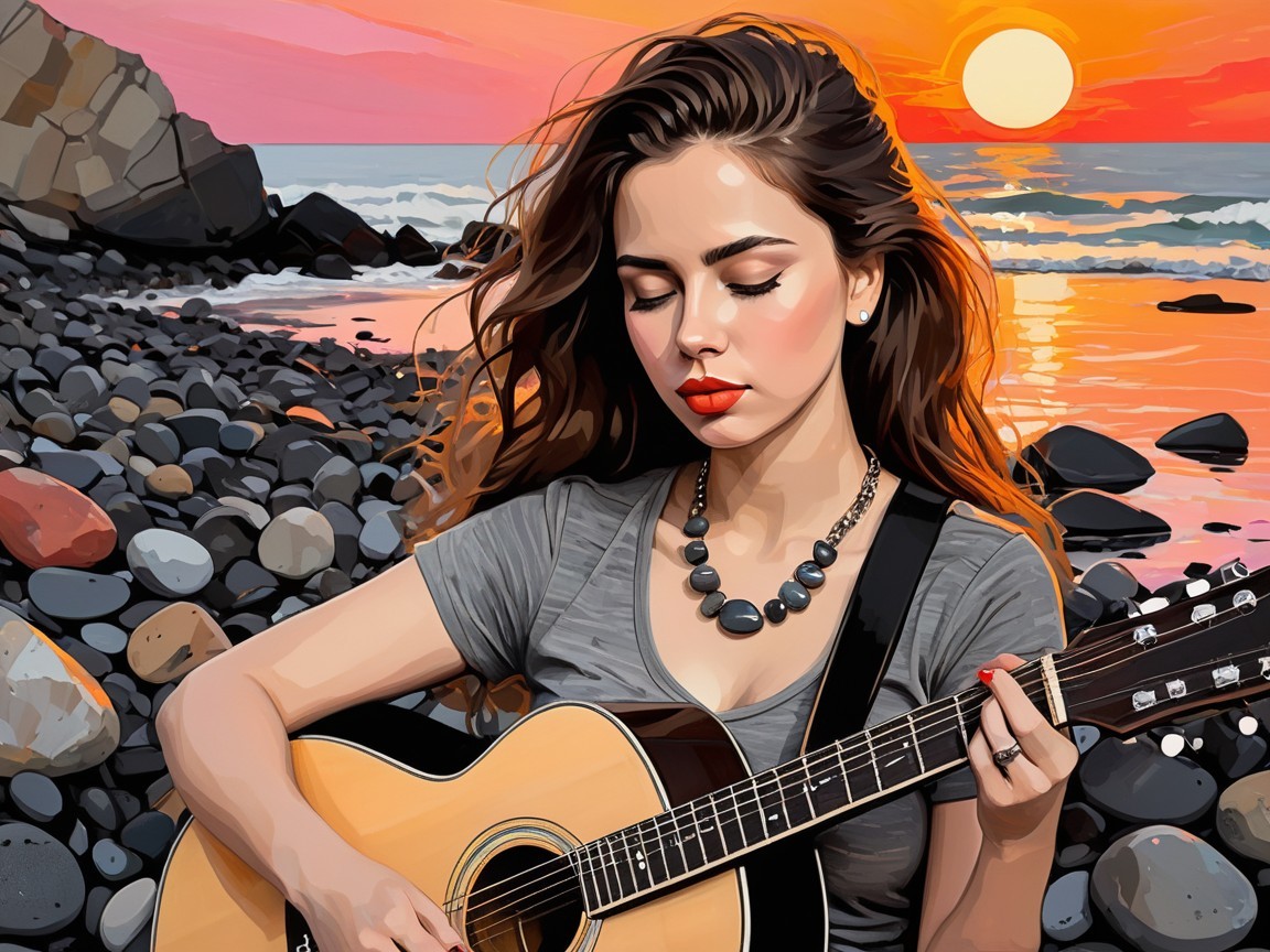 Serene Beach Sunset with Guitar and Rocky Shoreline