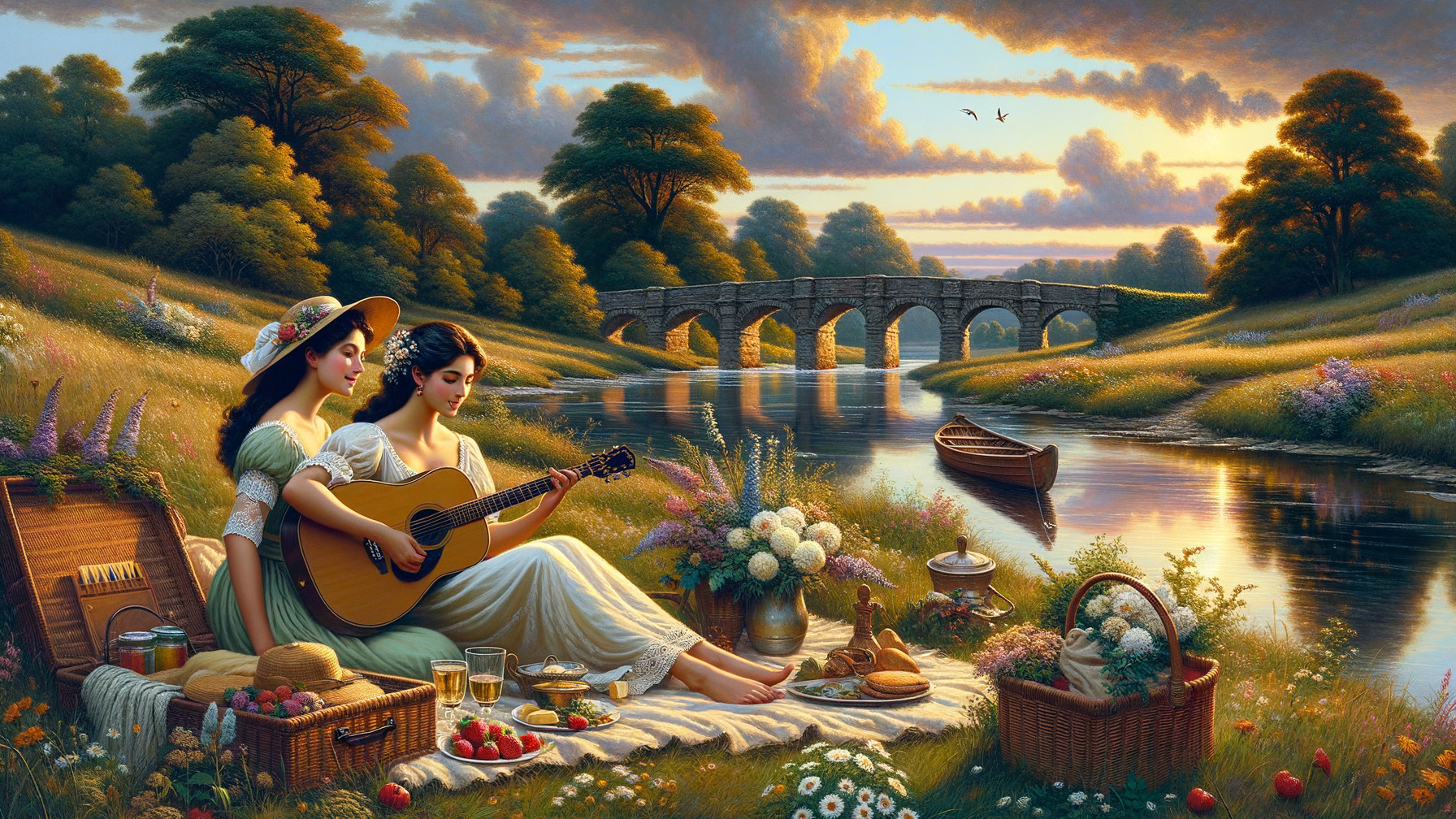 Riverside Picnic with Guitar at Sunset Scene