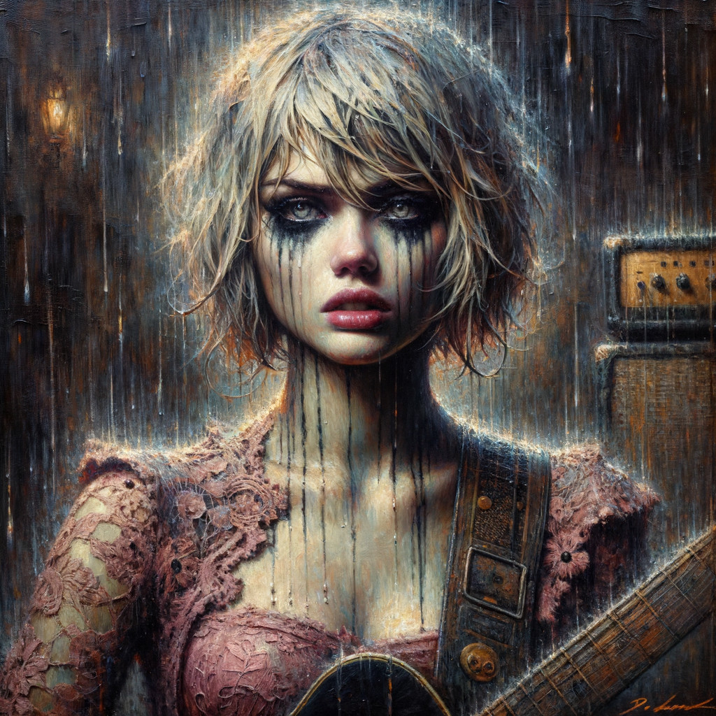 Young Woman with Guitar in Somber Rainy Setting