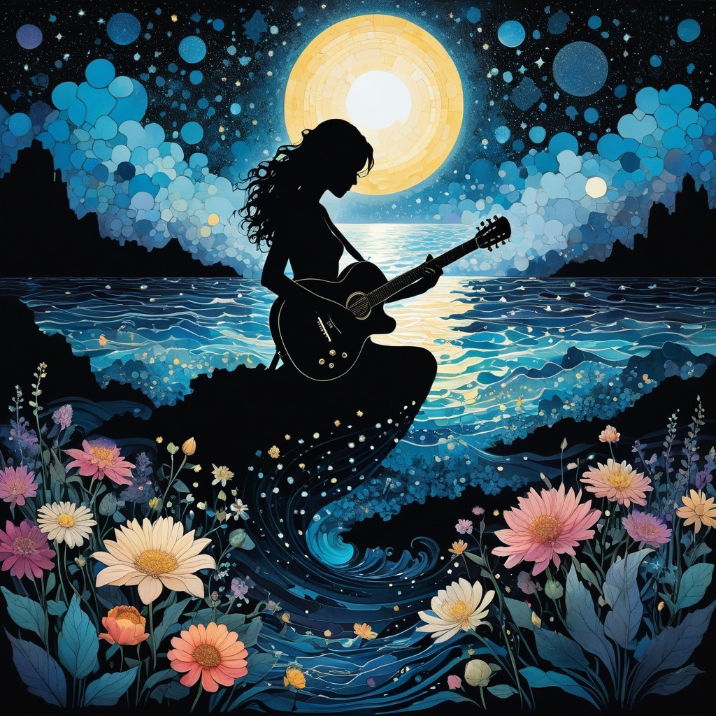 Silhouette of Woman Playing Guitar on Shoreline