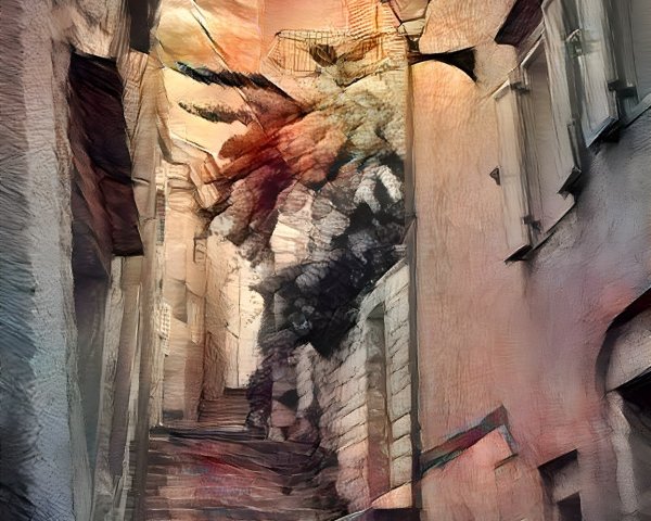 Narrow Alleyway with Vintage Streetlamp and Stairs
