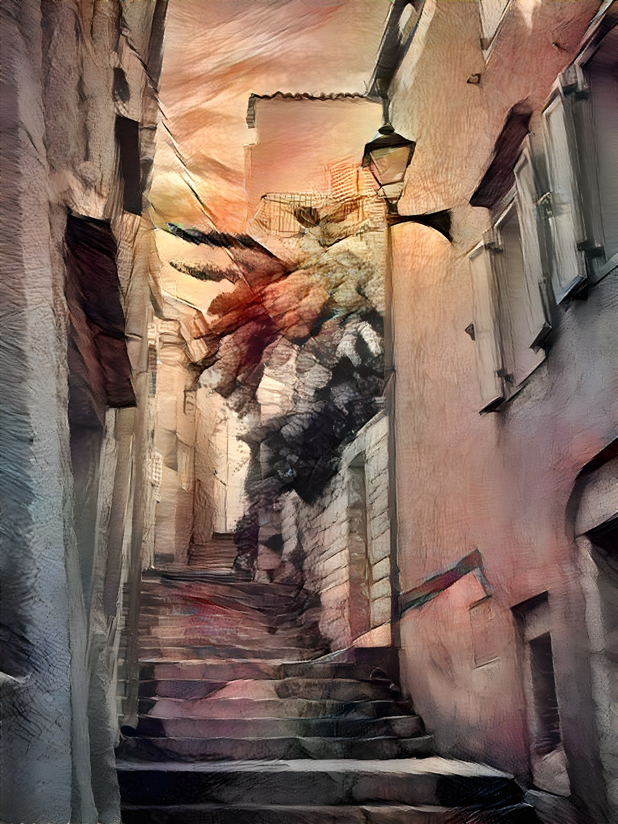Narrow Alleyway with Vintage Streetlamp and Stairs