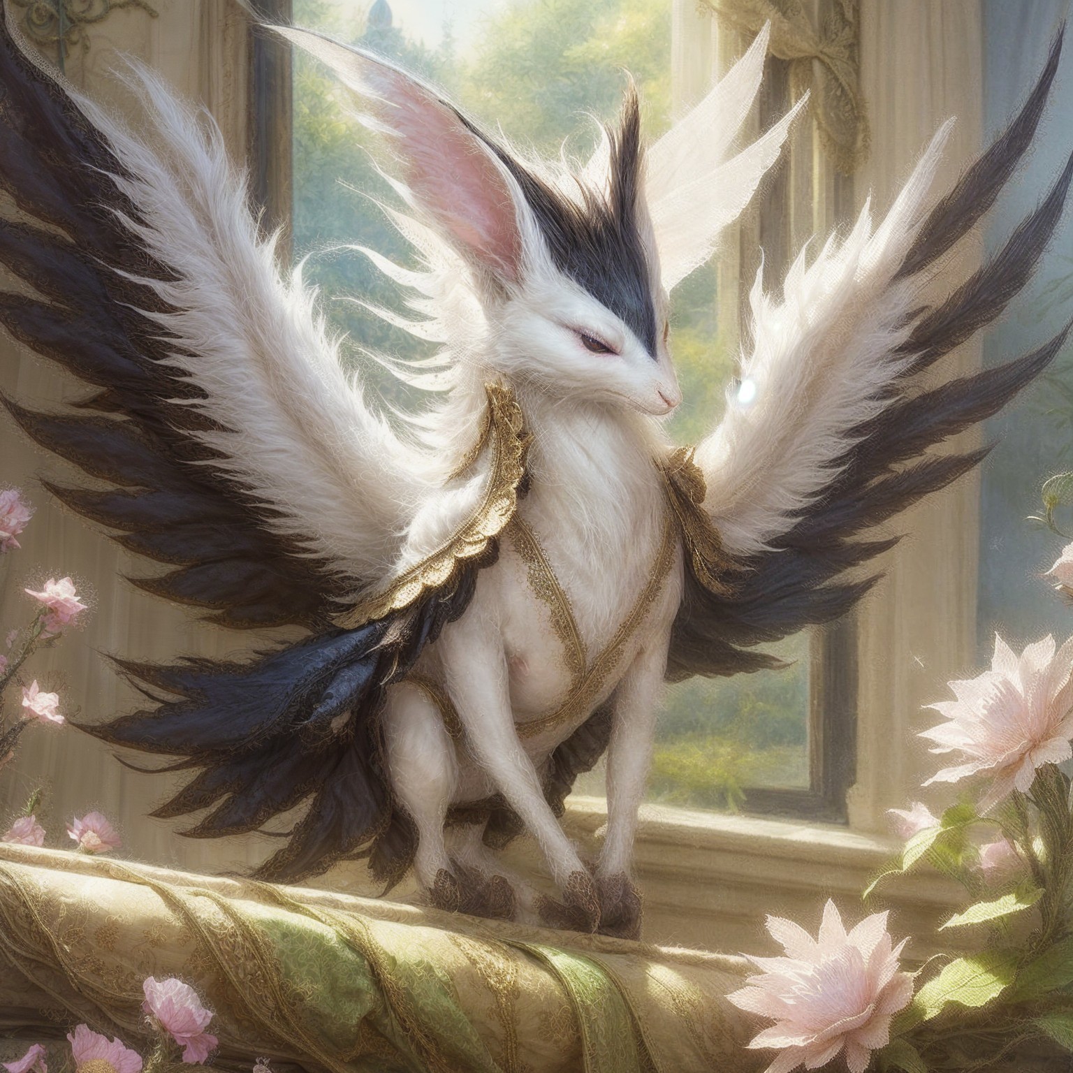 Majestic Cat-Bird Creature with Wings and Flowers