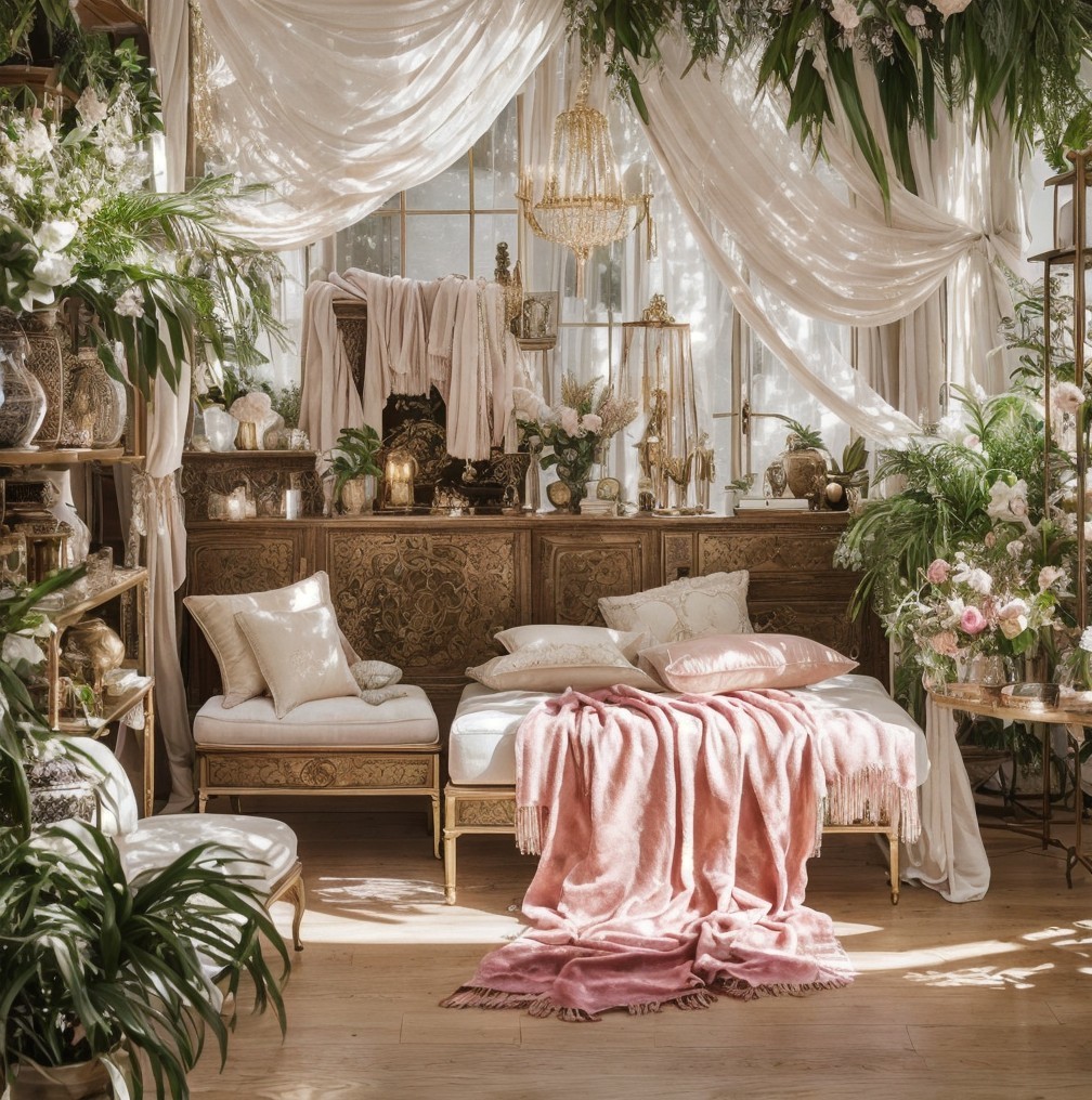 Decorated Room with Neutral Tones and Greenery