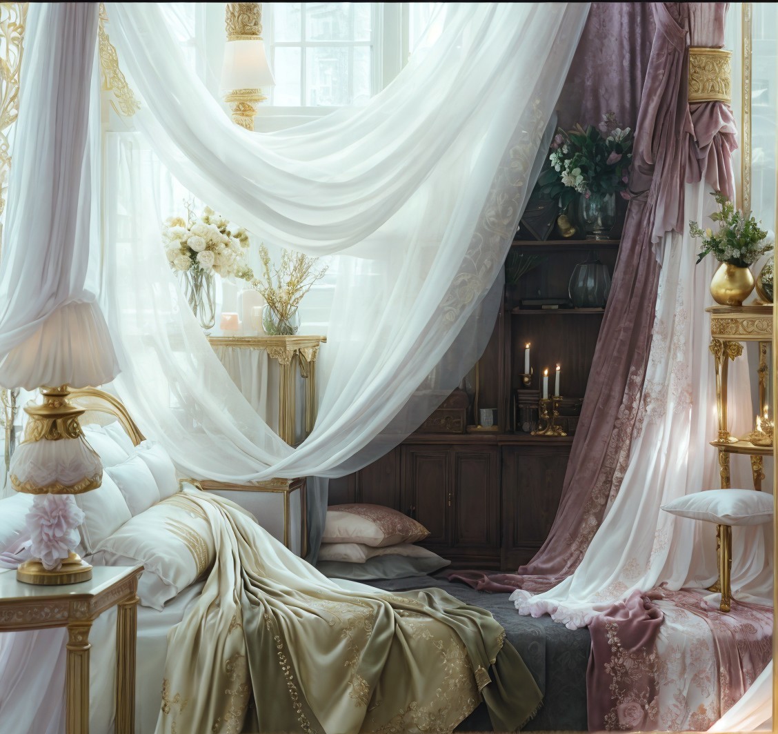 Luxurious Bedroom with Sheer Curtains and Gold Accents