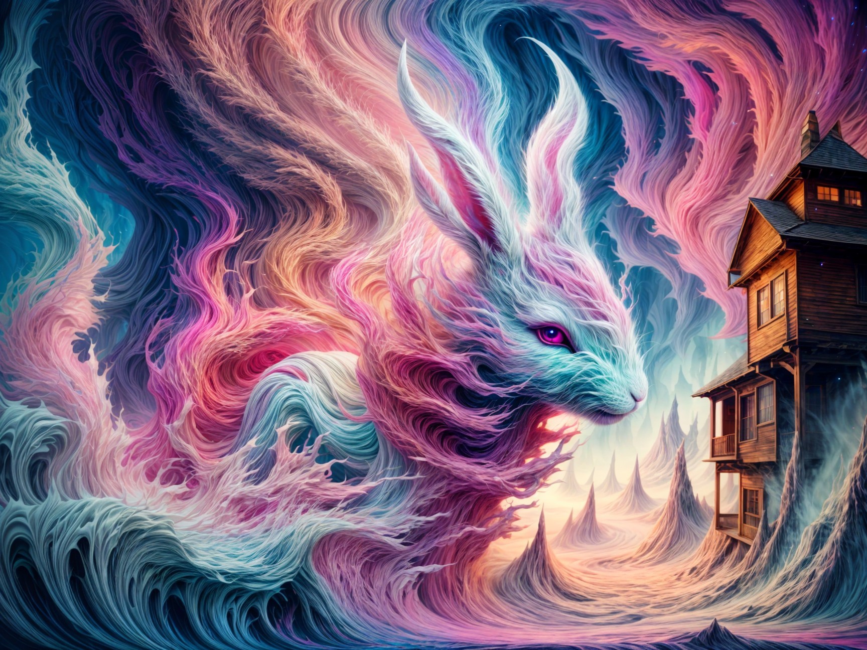 Vibrant Rabbit and Quaint House in Mystical Landscape