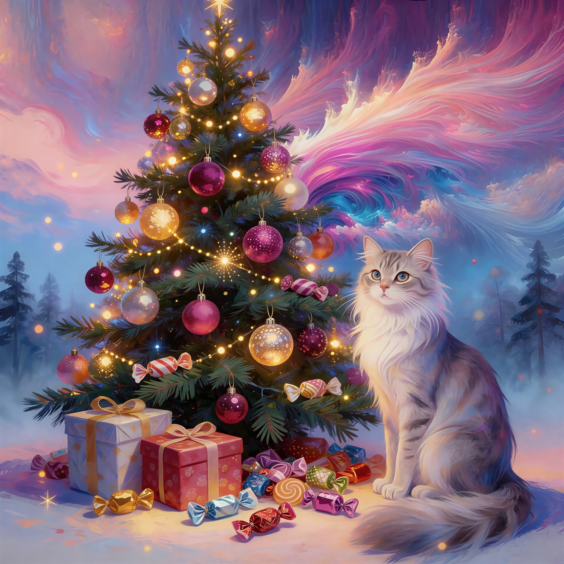Christmas Tree with Ornaments and Cat in Snow Scene
