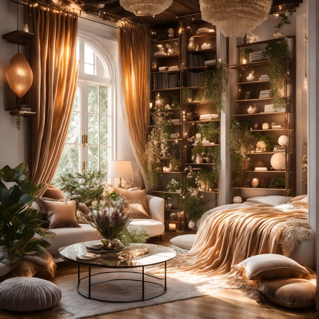 Cozy Interior with Warm Gold and Earthy Tones