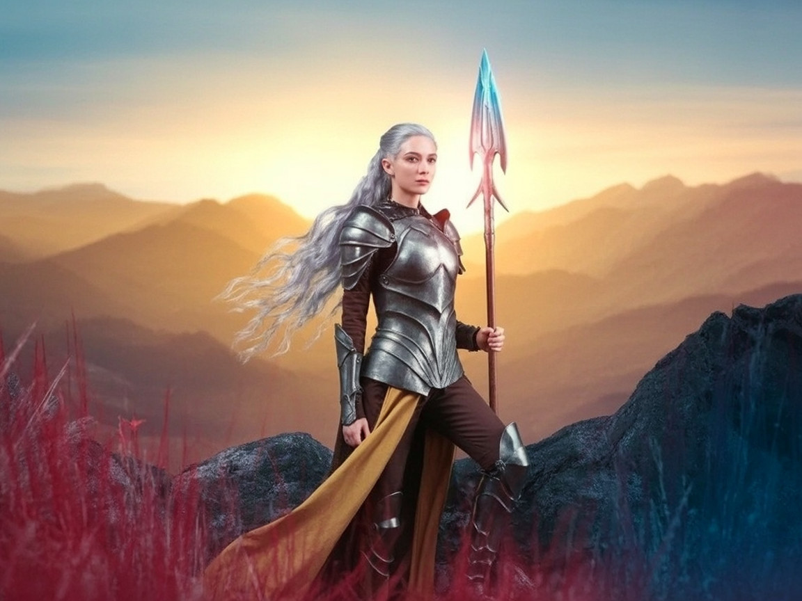 Fierce Warrior in Silver Armor on Rocky Outcrop
