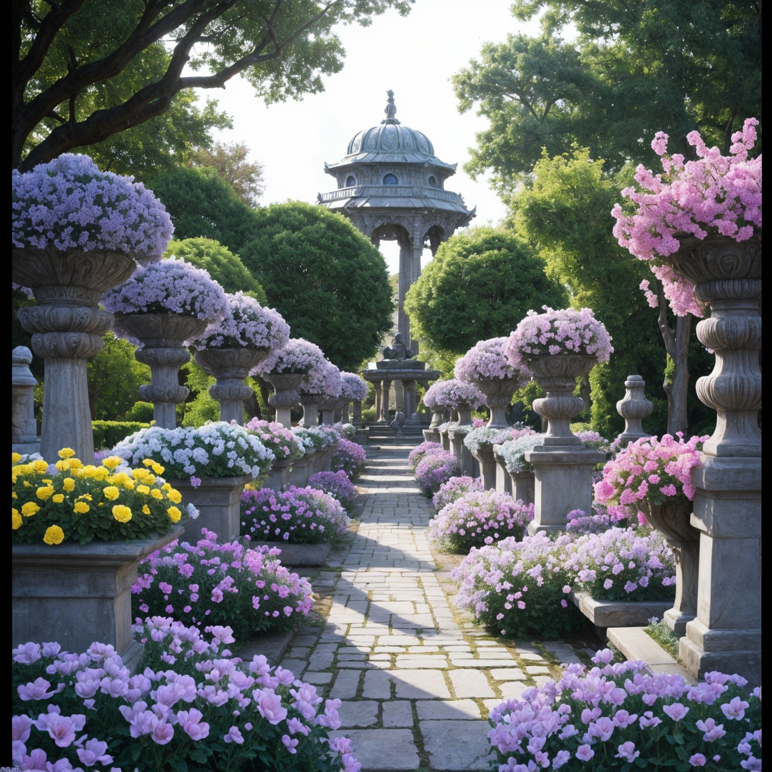 Serene Garden Pathway with Vibrant Flower Beds and Gazebo