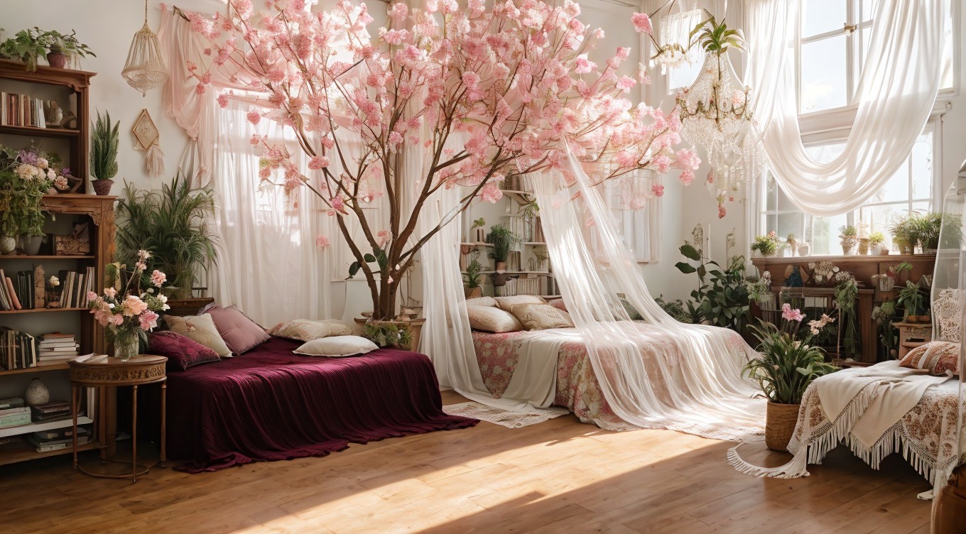 Serene Bedroom with Cherry Blossom Tree and Pastel Decor