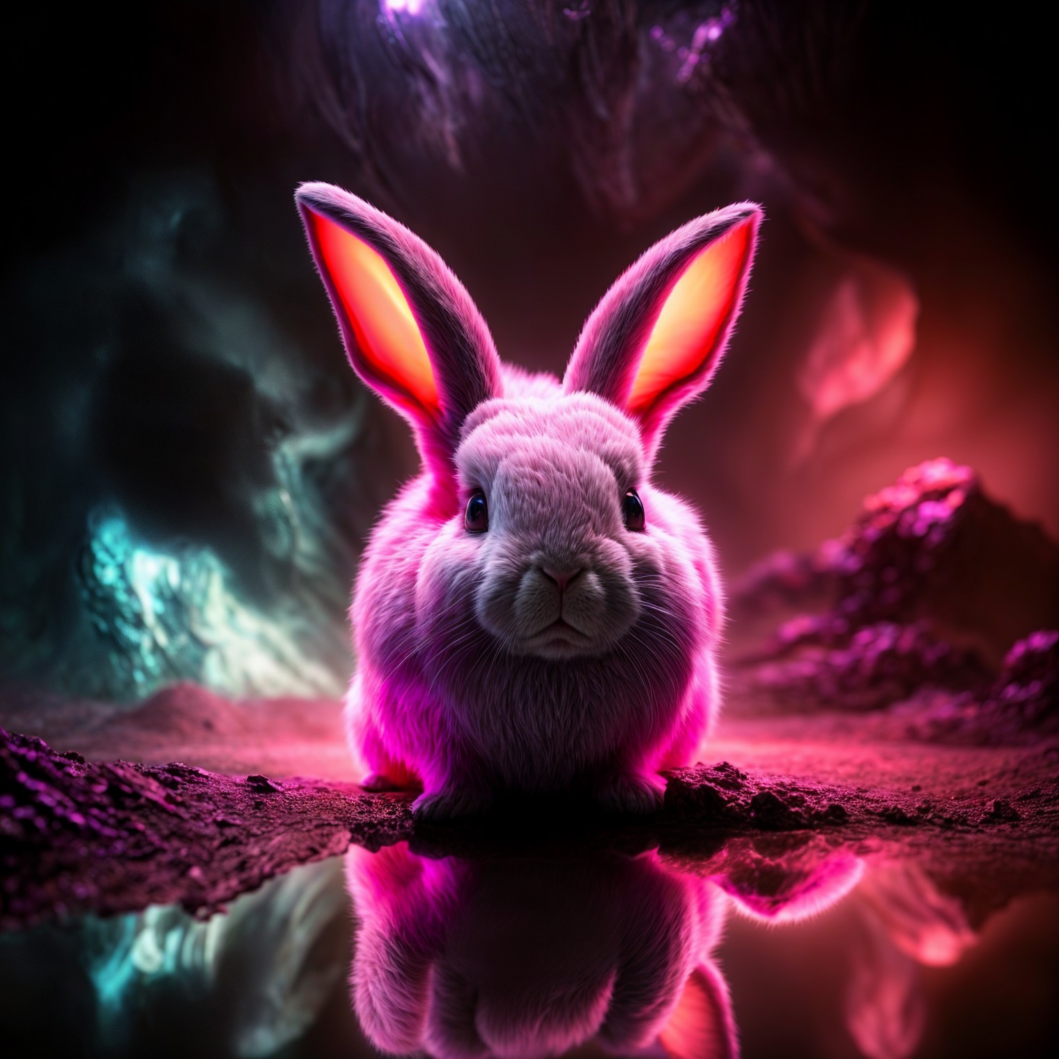 Fluffy Rabbit in Vibrant Otherworldly Landscape