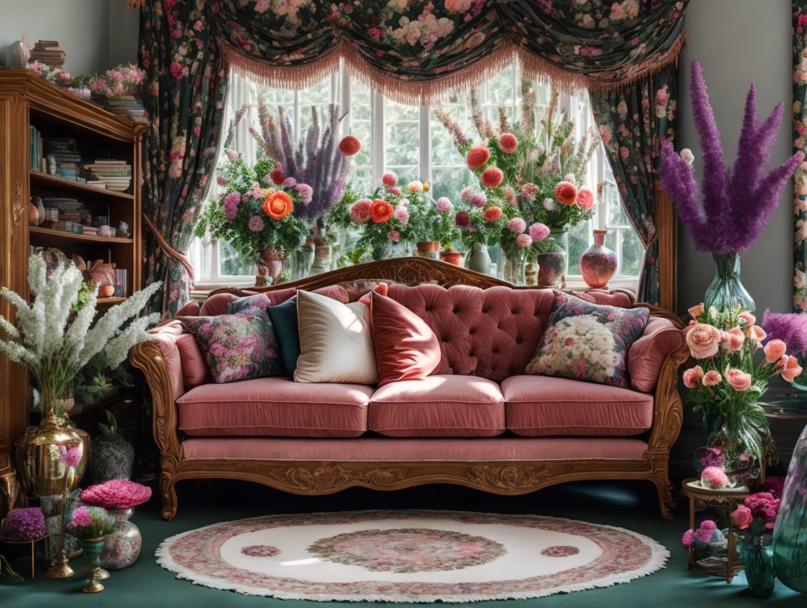 Lavish Living Room with Pink Sofa and Floral Decor