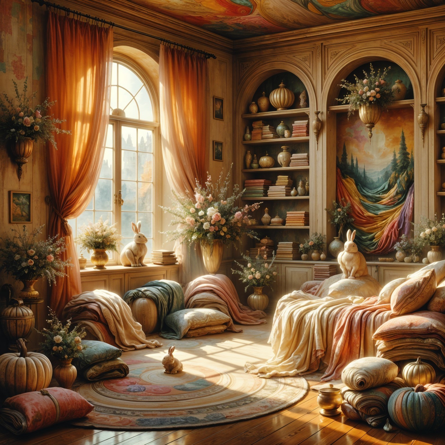 Cozy Sunlit Room with Books, Decor, and Rabbits