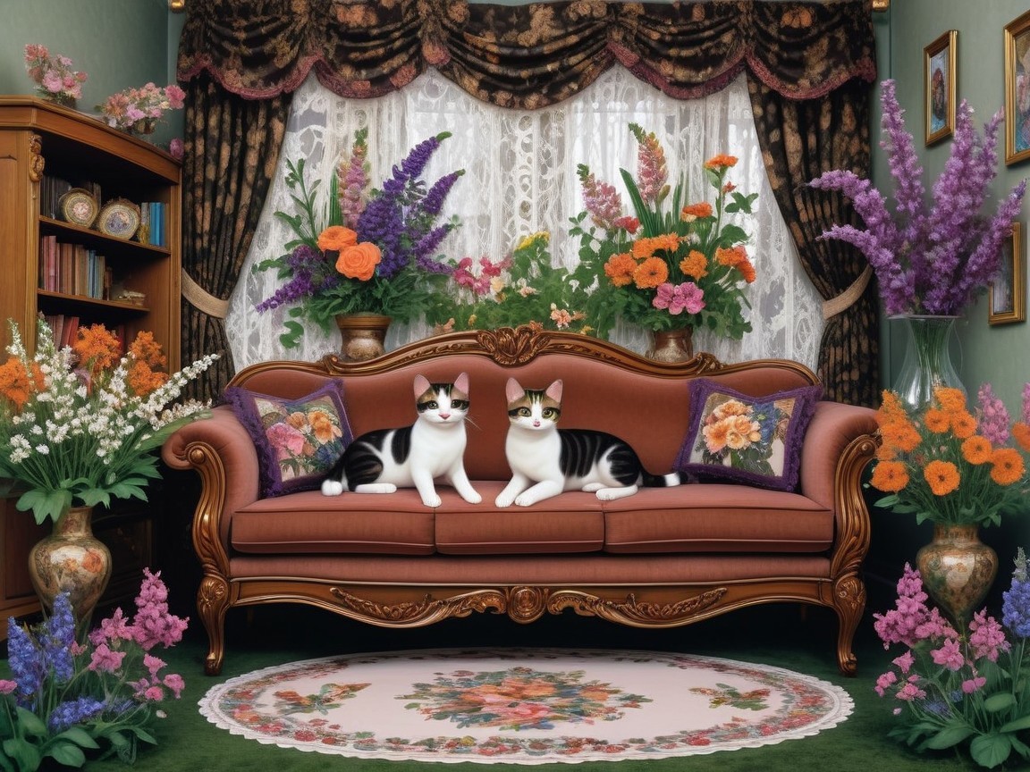 Cozy Room with Cats and Vibrant Floral Decor