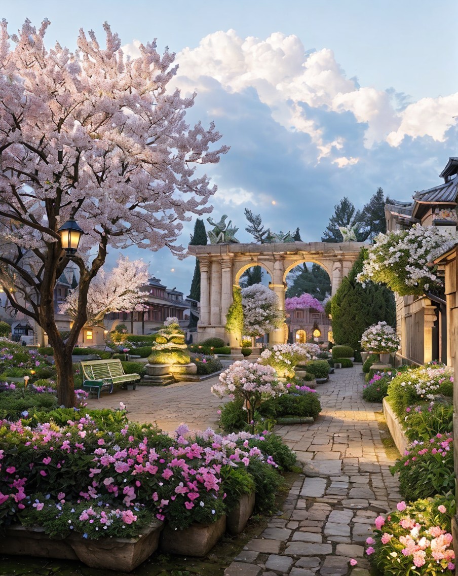 Serene Garden Path with Pink Flowers and Stone Arches