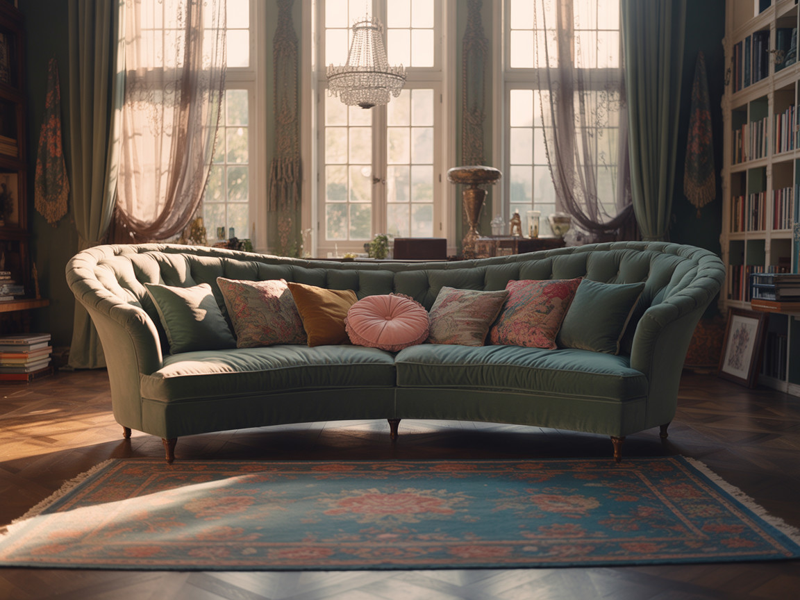 Elegant Green Tufted Sofa in Sunlit Room Decor