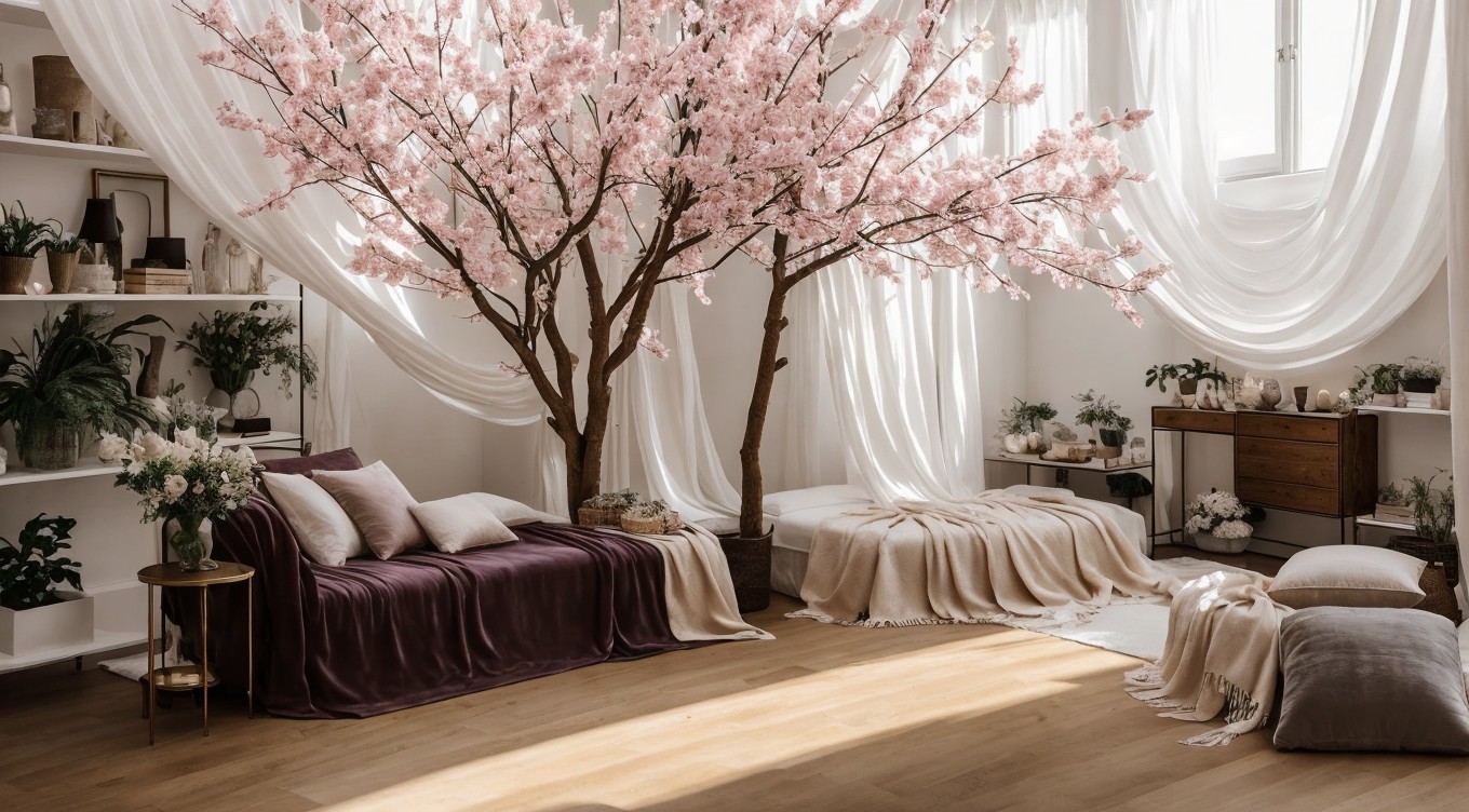 Stylish Living Space with Artificial Cherry Blossom Tree