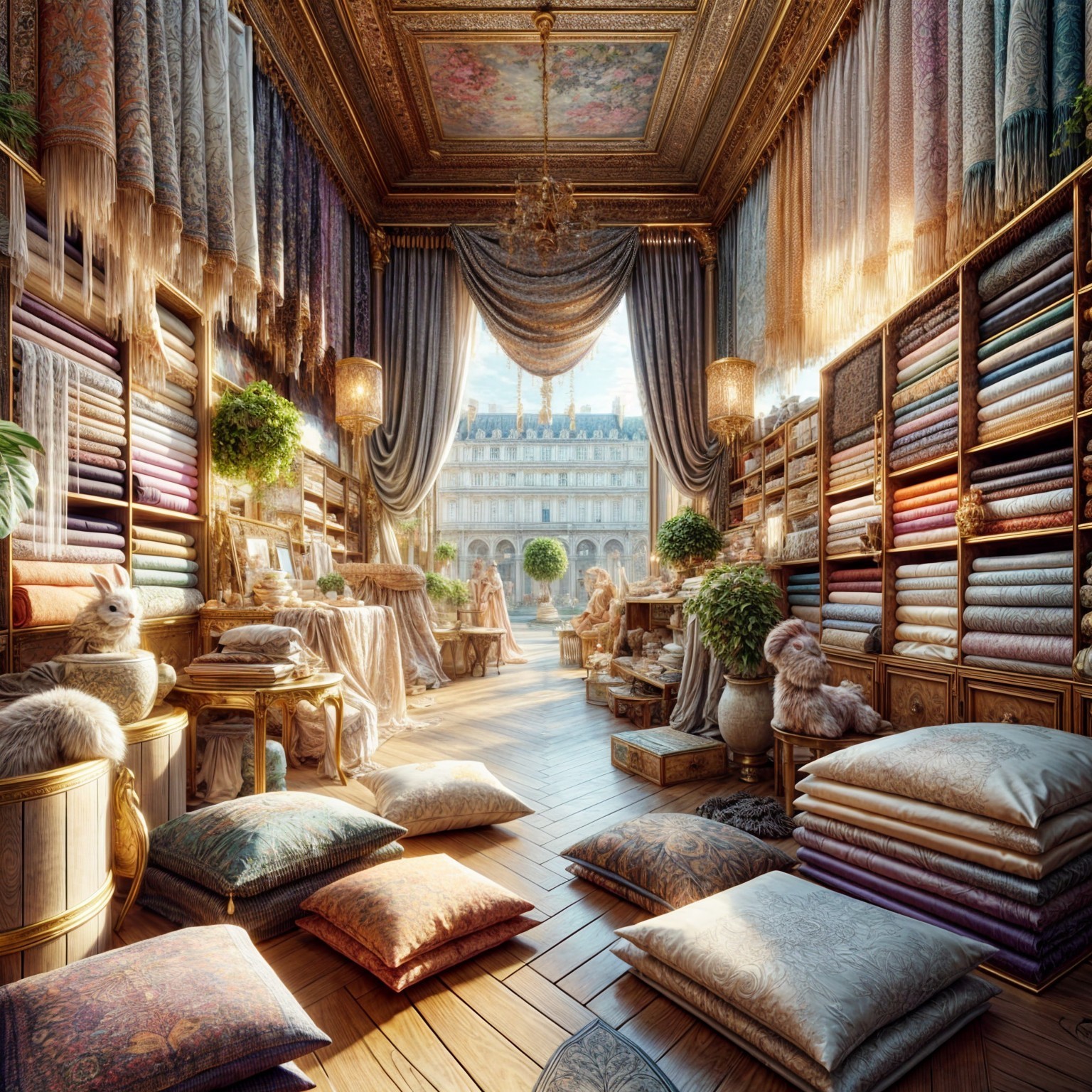 Luxurious Fabric Store with Rich Textiles and Decor