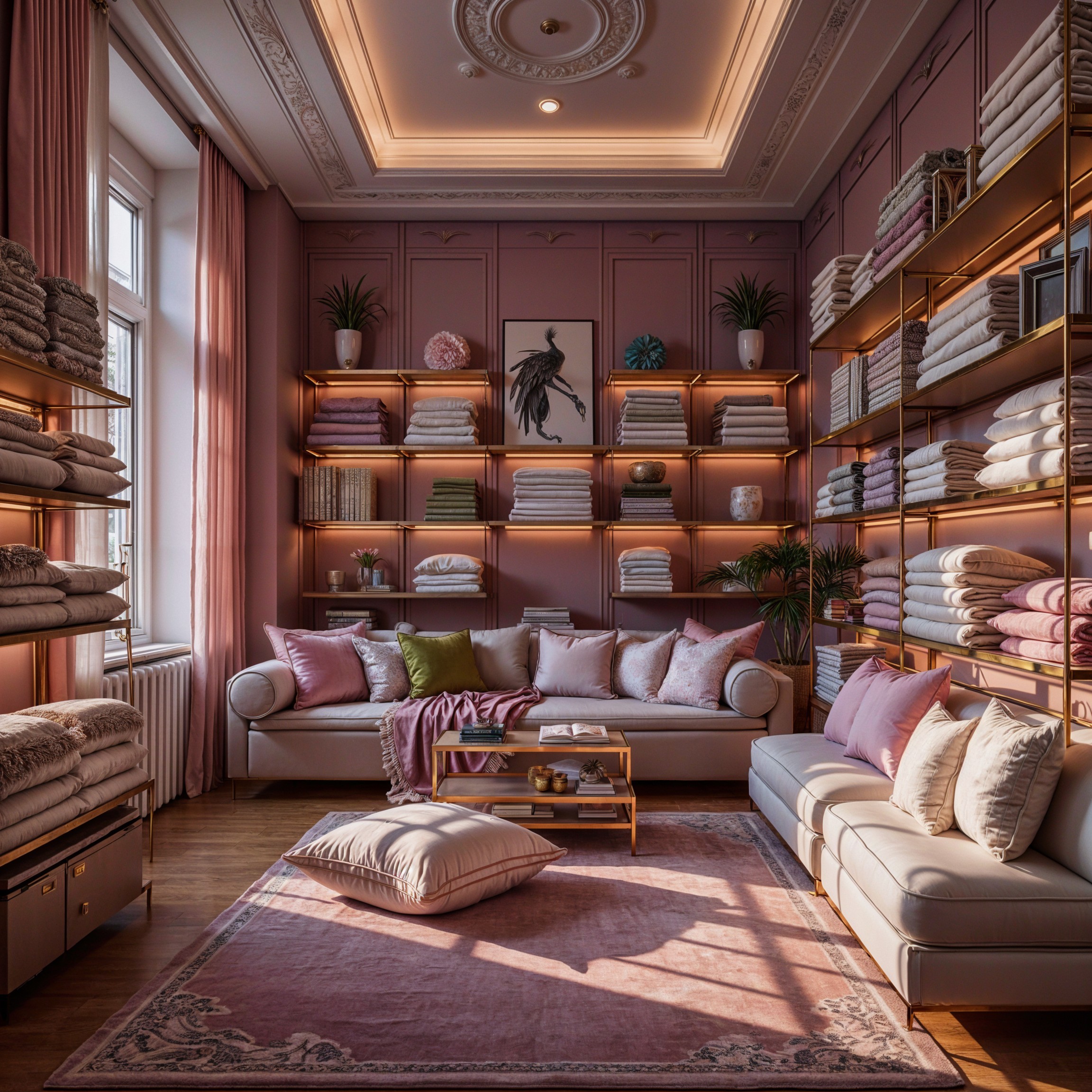 Elegant Living Space with Soft Pink Walls and Decor