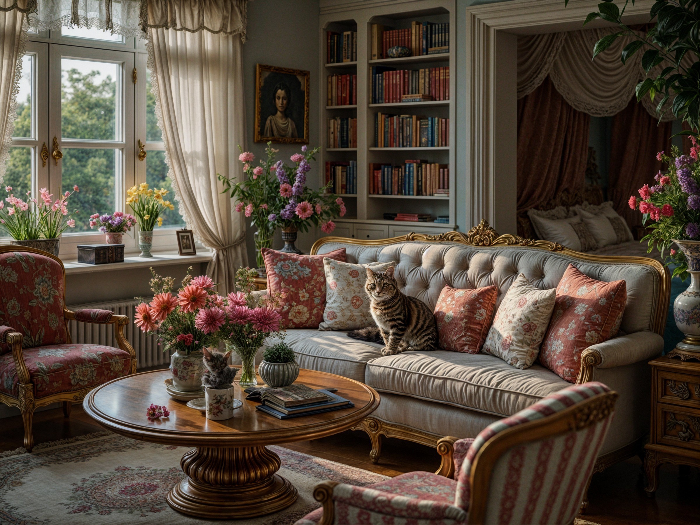 Cozy Living Room with Elegant Furnishings and Lighting