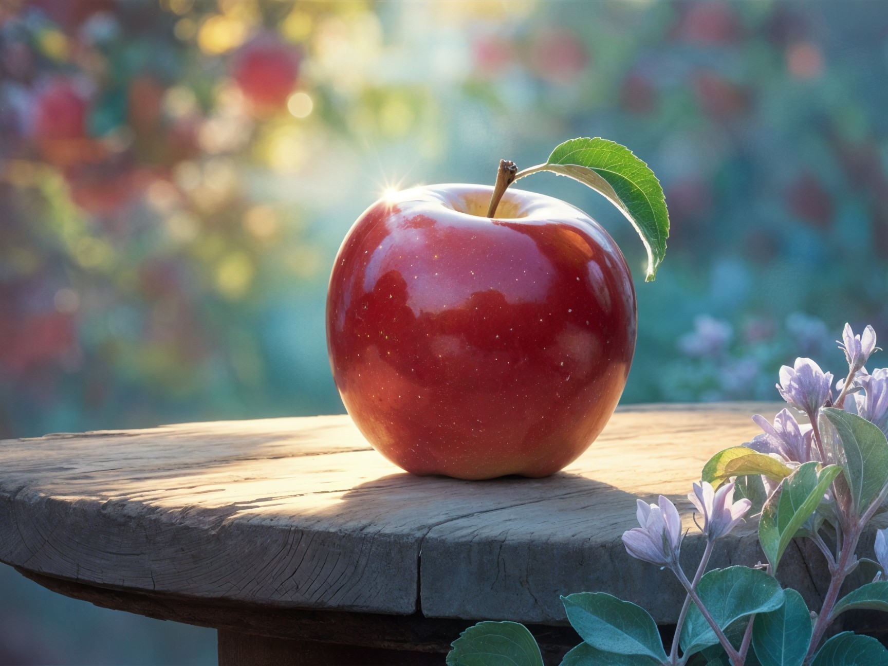 Red Apple on Rustic Table with Floral Background
