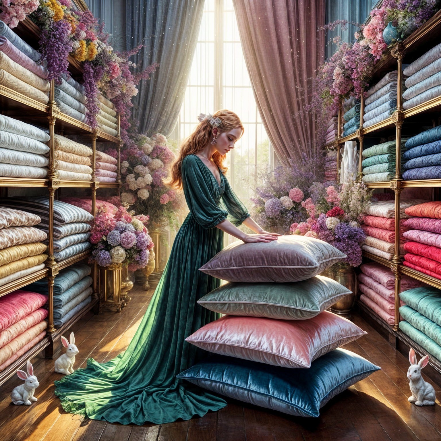 Serene Setting with Woman in Green Gown and Pillows