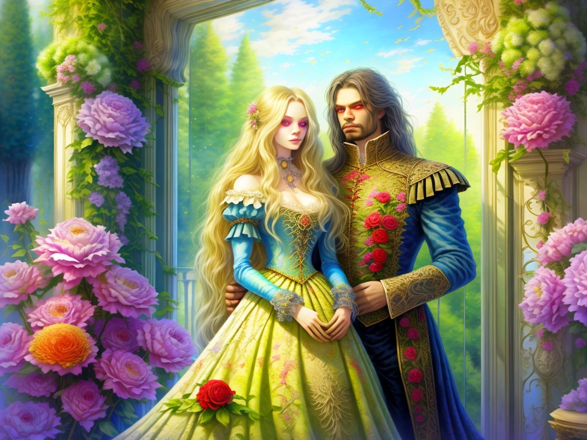 Noble Couple in Vibrant Garden with Roses and Archways