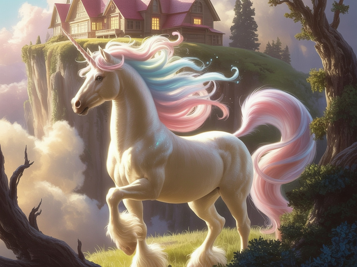 Majestic unicorn on cliff with whimsical castle backdrop