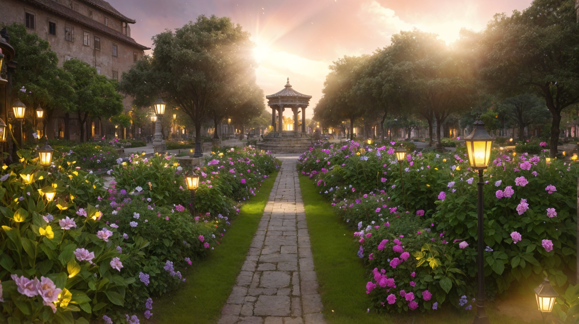 Serene Garden Pathway with Elegant Gazebo at Sunset