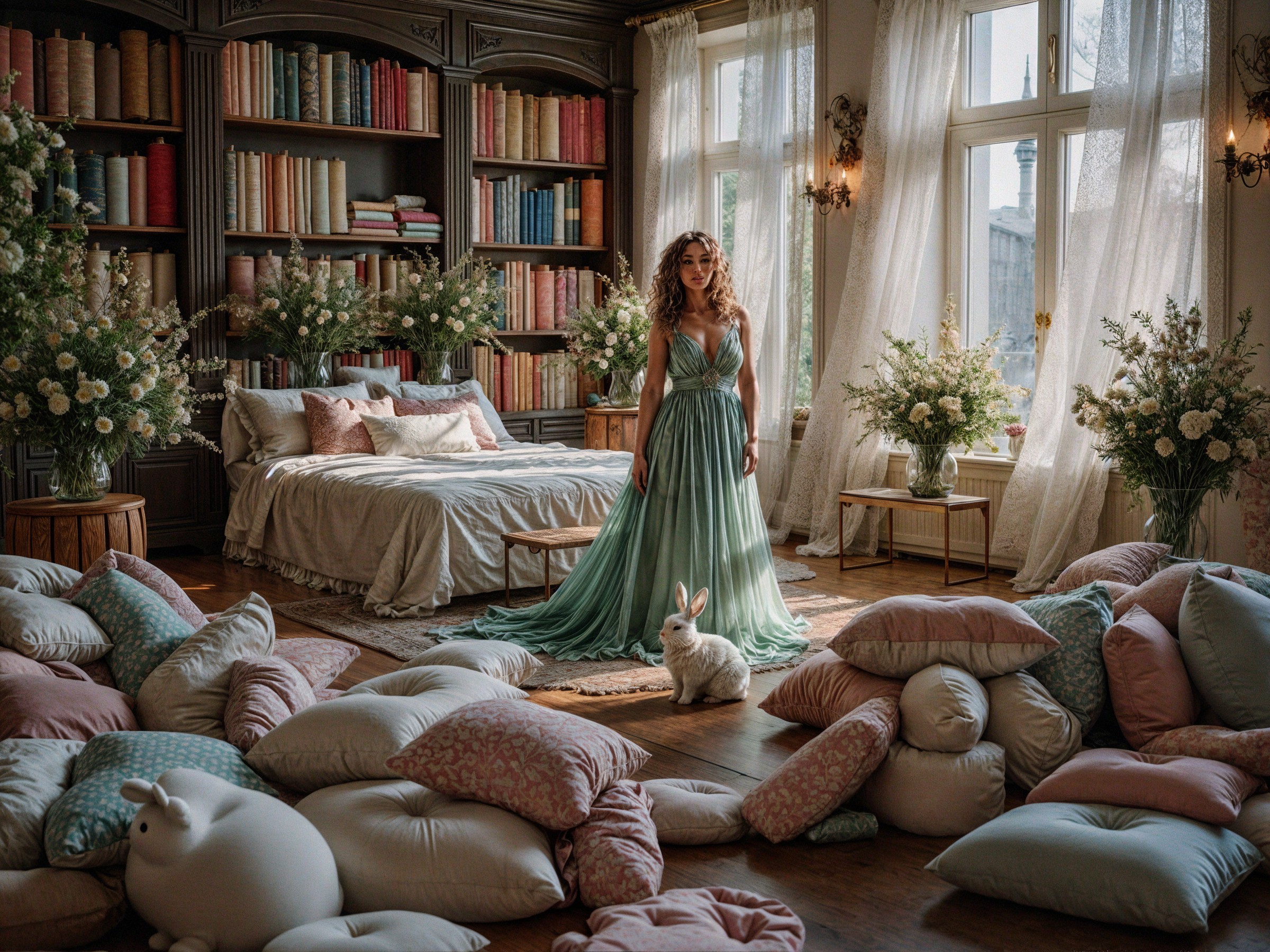 Elegant Room with Woman in Mint Green Gown and Rabbit