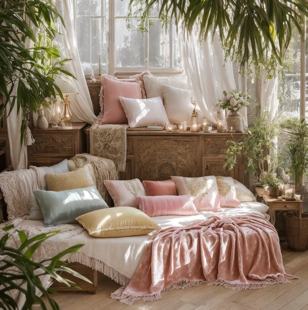 Cozy Sunlit Corner with Plush Sofa and Greenery