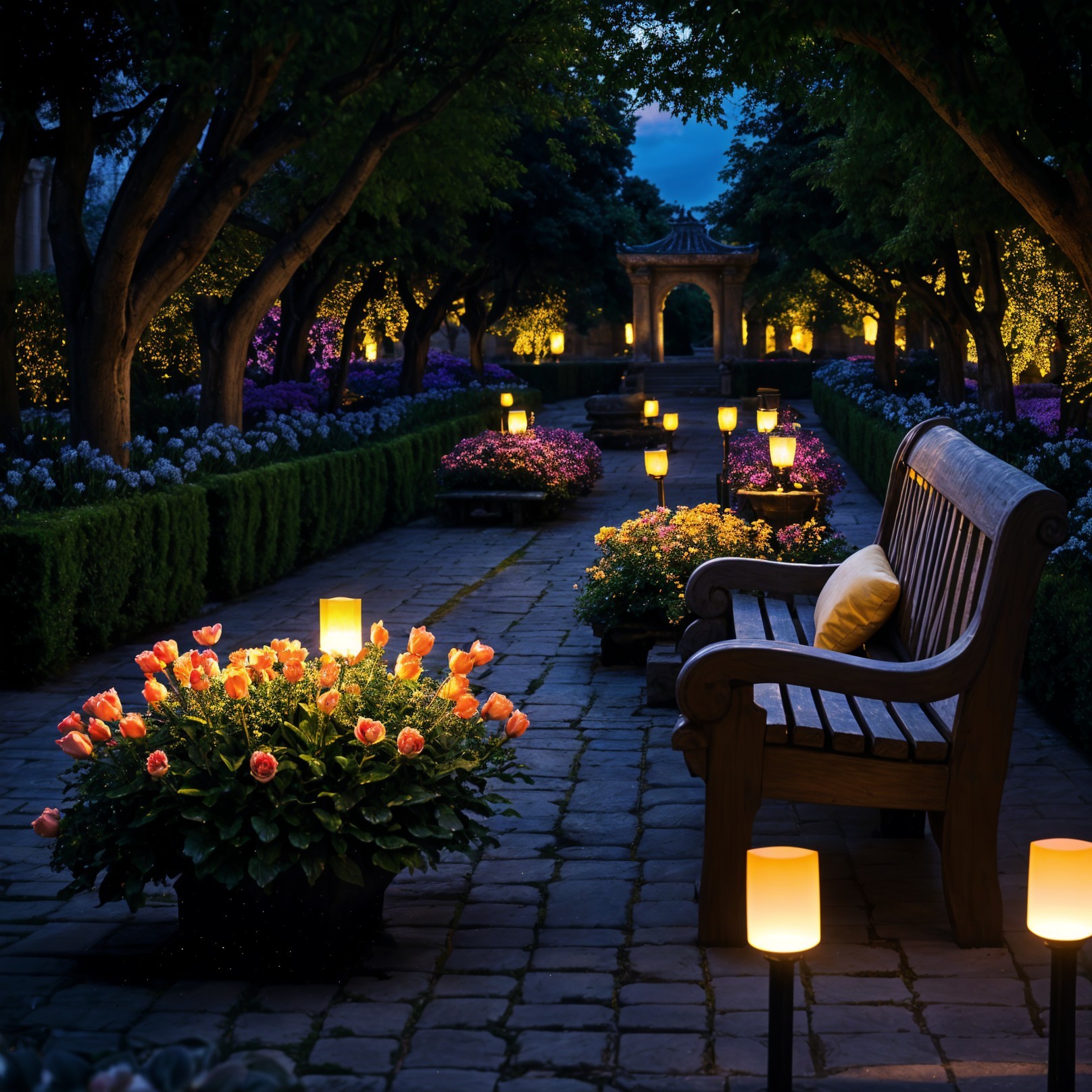 Serene Garden Pathway with Vibrant Flowers and Lanterns