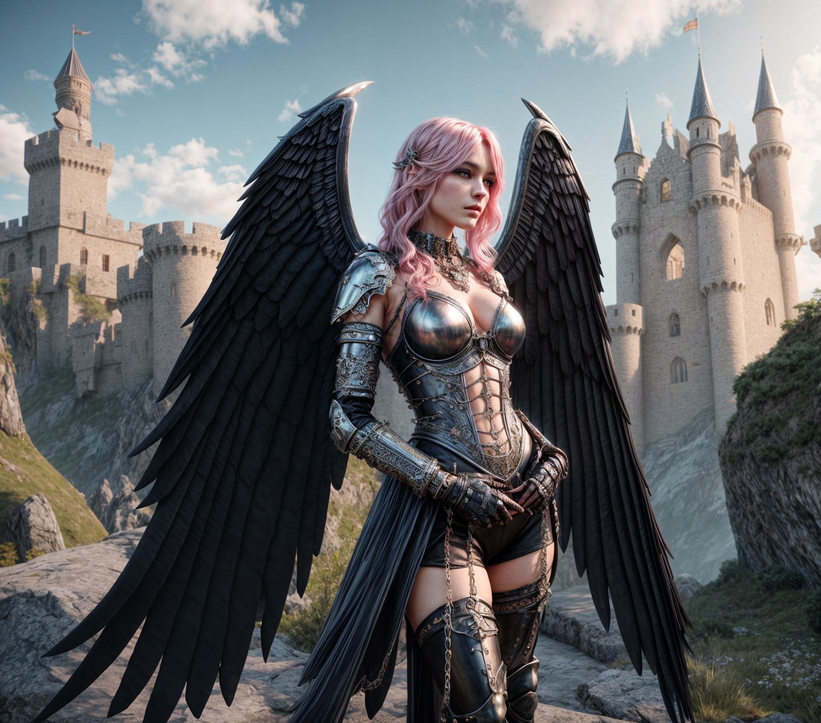 Fierce warrior with wings in front of a castle