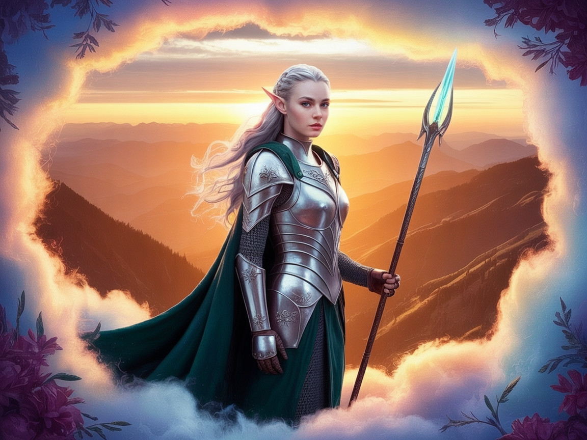 Elven Warrior in Silver Armor at Sunset Scene