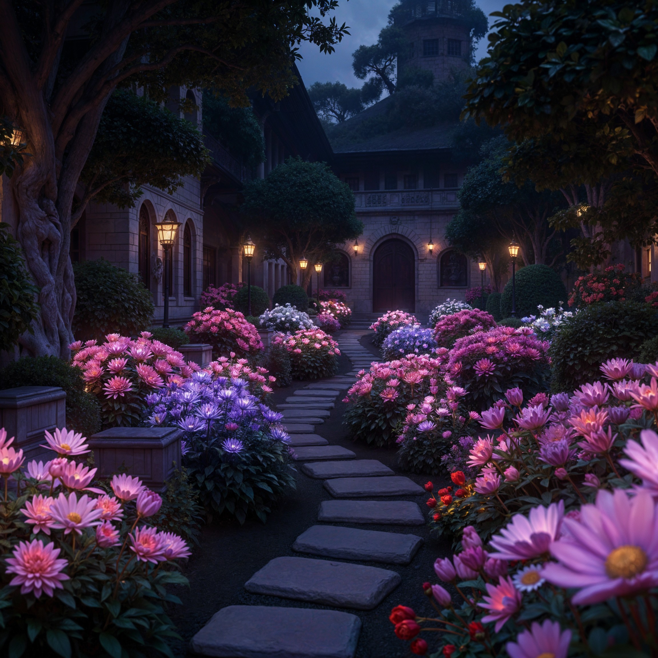 Twilight Garden Path with Vibrant Blooms and Lanterns