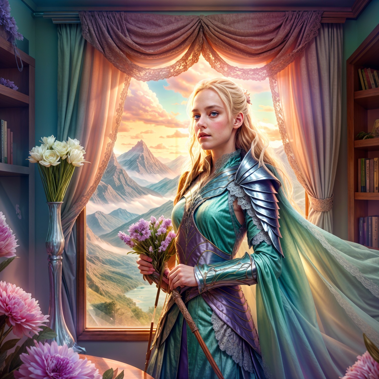 Regal Figure by Window with Mountain View and Flowers