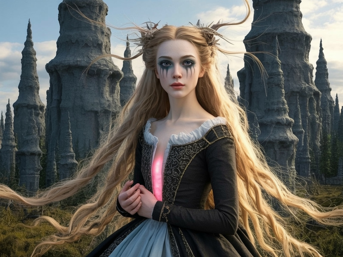 Young woman in a magical landscape with stone spires