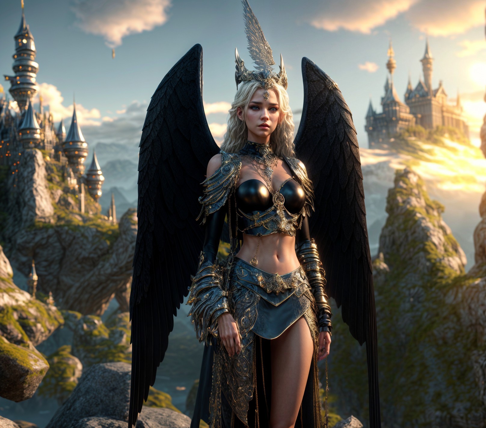 Majestic figure in black armor with wings and castle backdrop