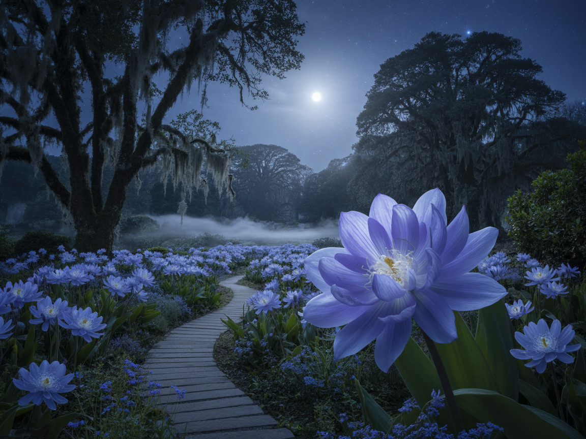 Moonlit garden with purple water lilies and mist