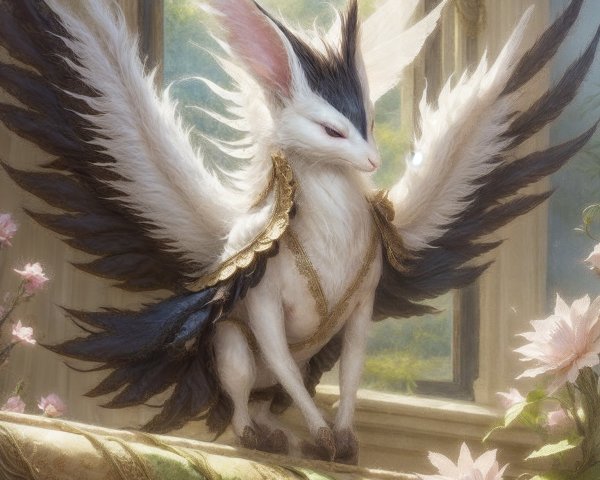 Majestic Cat-Bird Creature with Wings and Flowers