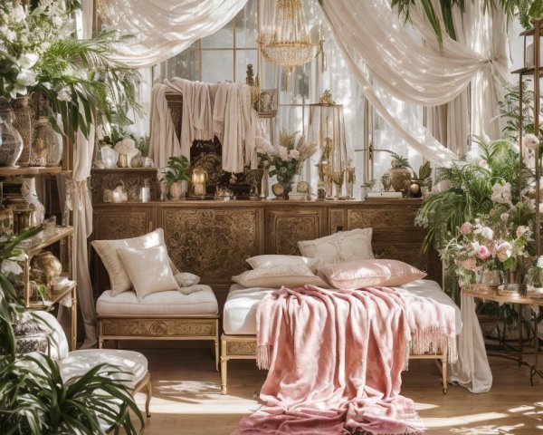 Decorated Room with Neutral Tones and Greenery