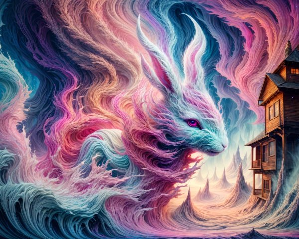 Vibrant Rabbit and Quaint House in Mystical Landscape