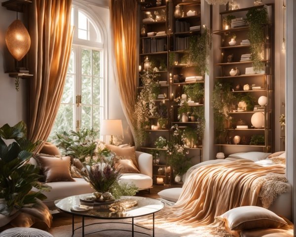 Cozy Interior with Warm Gold and Earthy Tones