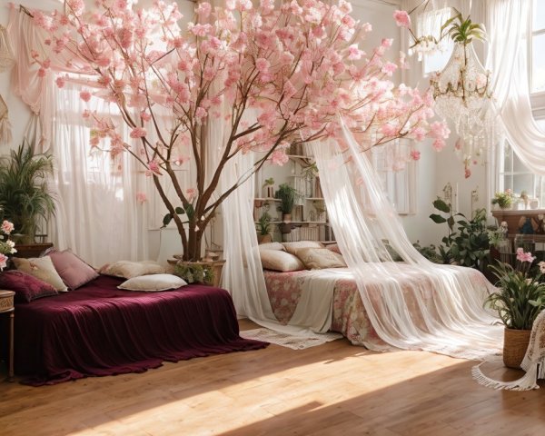Serene Bedroom with Cherry Blossom Tree and Pastel Decor