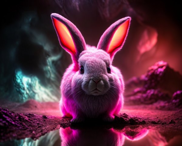 Fluffy Rabbit in Vibrant Otherworldly Landscape