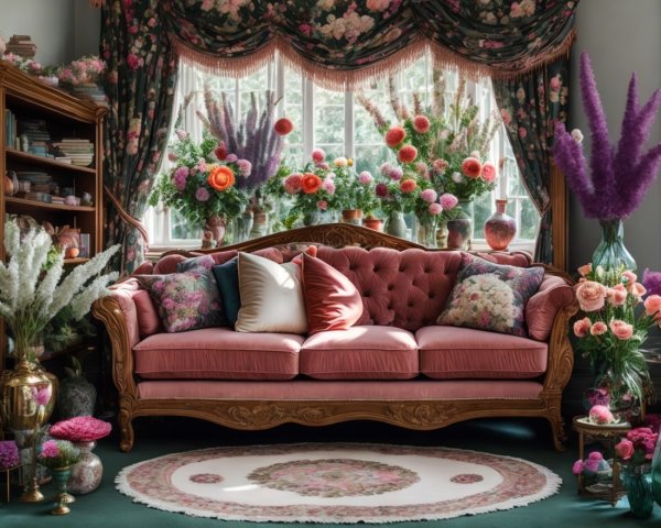 Lavish Living Room with Pink Sofa and Floral Decor
