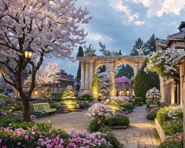 Serene Garden Path with Pink Flowers and Stone Arches