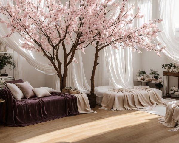 Stylish Living Space with Artificial Cherry Blossom Tree