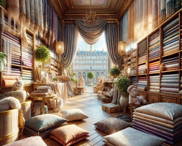 Luxurious Fabric Store with Rich Textiles and Decor
